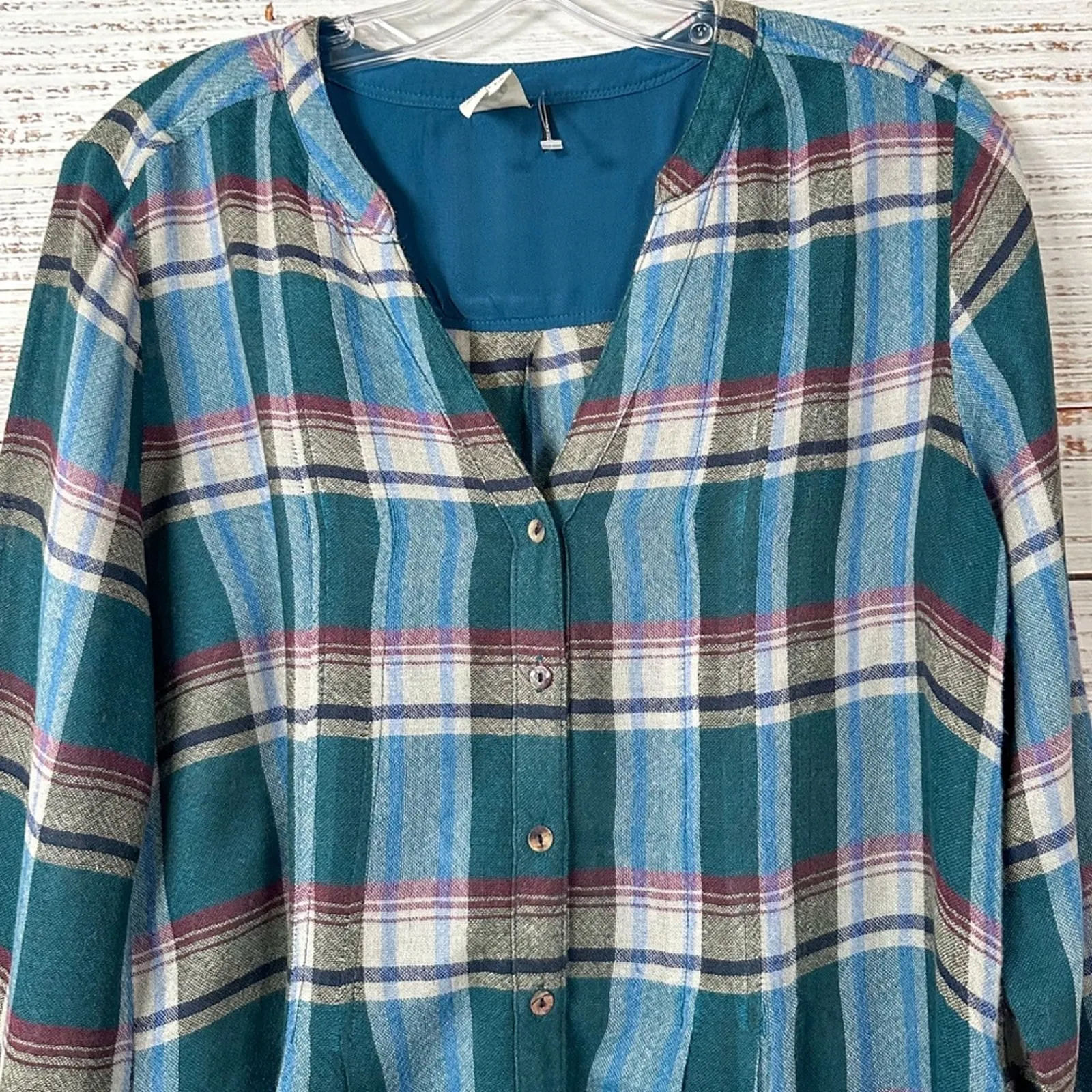 Anthropologie Akemi + Kin Lucie Blue Green Flannel Plaid Tunic Shirt, EUC, Small - Image 4