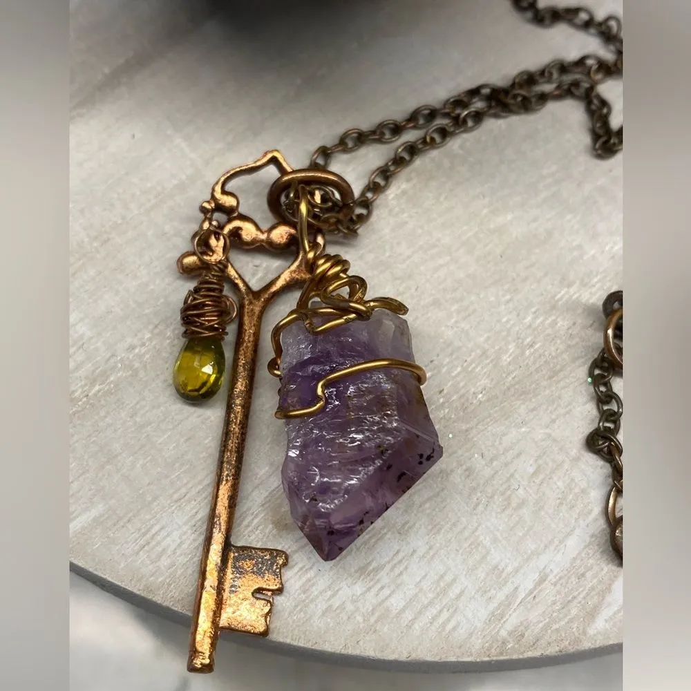 'Key to My Heart' Necklace - Copper-toned Key with Amethyst and Peridot - Image 4