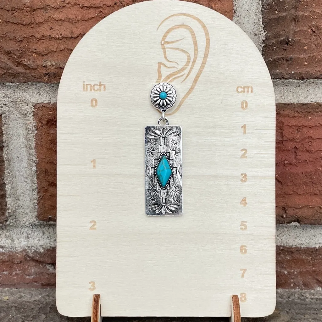 Aztec Pattern Bar Earrings with Turquoise Silver - Image 2