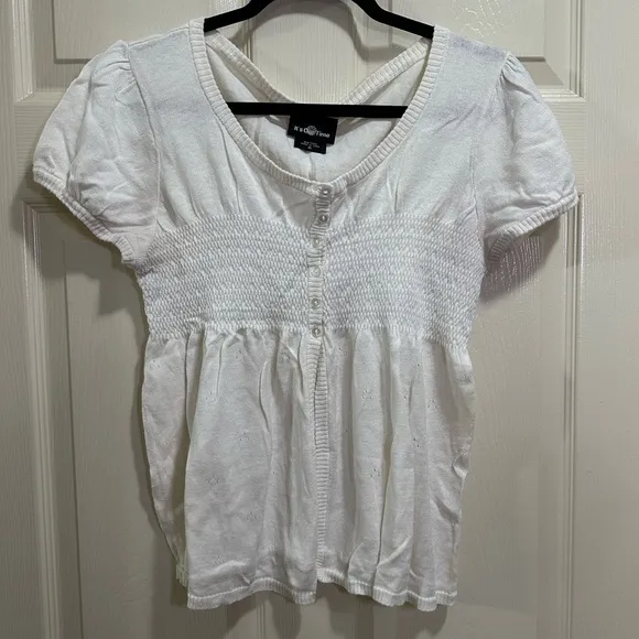 Y2K Short Sleeve Half Button Blouse Cinched Cap Sleeve White Cardigan Size XL - Image 1