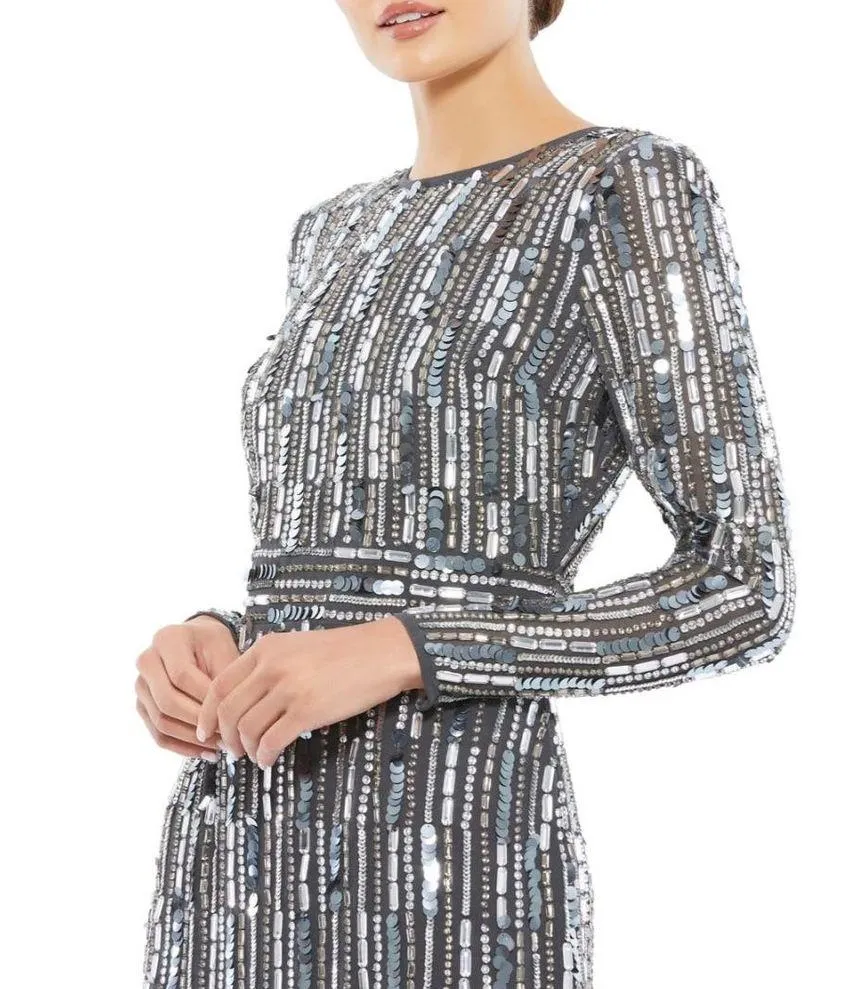 Mac Duggal Size 14 $598 NWT Embellished High Neck Long Sleeve Midi Dress Gray - Image 3