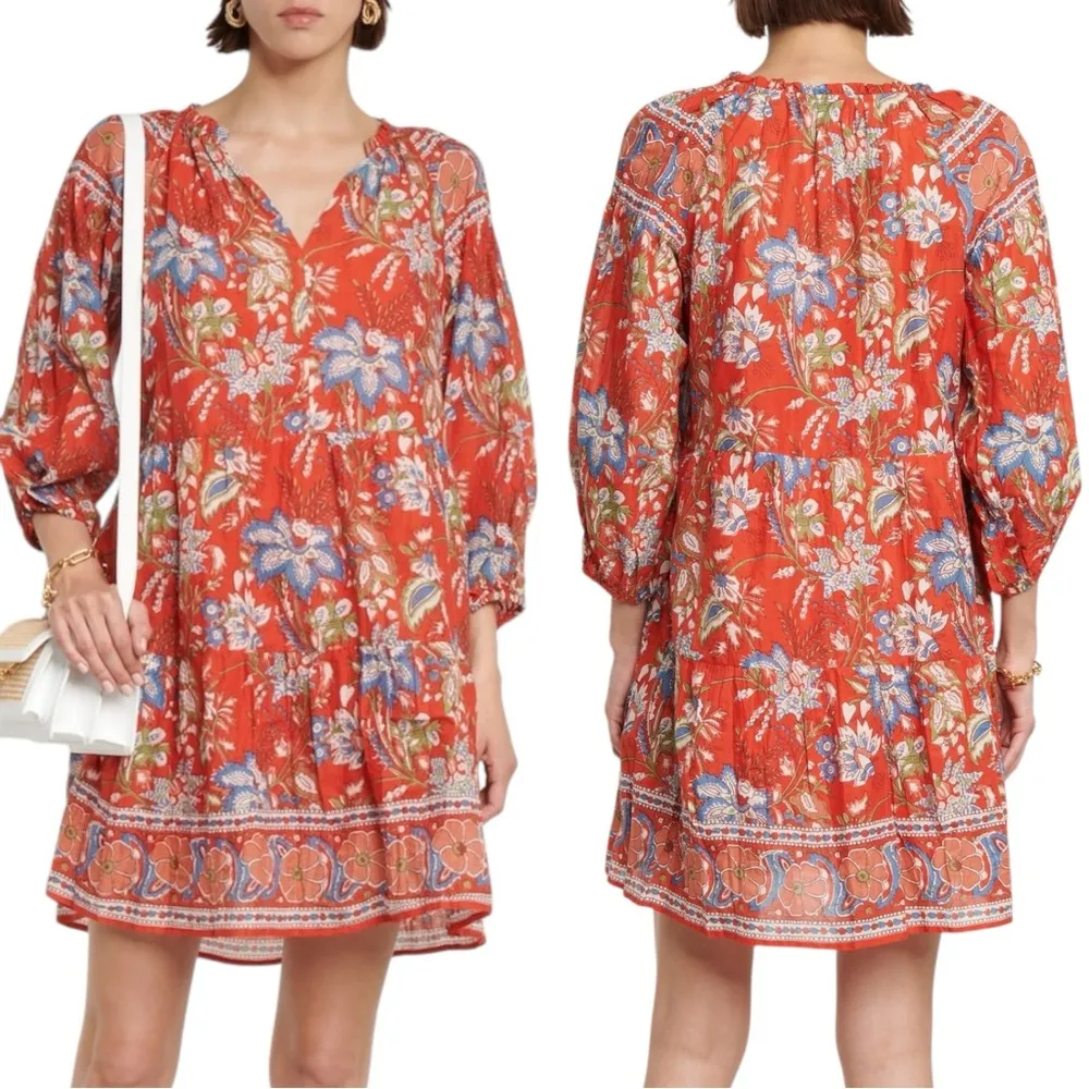 Velvet Lilah Dress in Rouge Medium Bohemian Indian Cotton 70s Floral Summer Red - Image 4