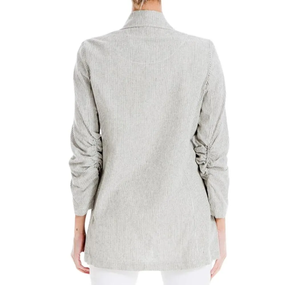 Max Studio Women's Striped Linen Blend Ruched Sleeve Blazer Size XL - Image 2