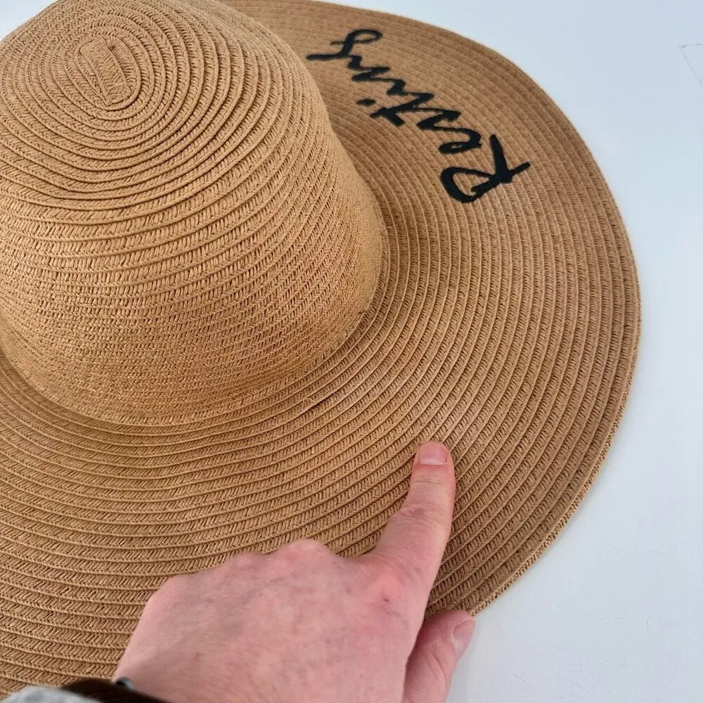 Vivian Collection Straw Wide Brim Floppy Sun Hat Resting Beach‎ Face Tan Black - Image 4