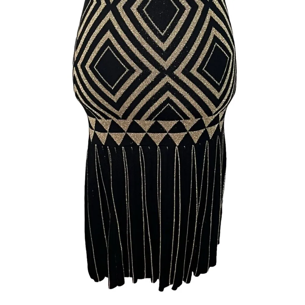 TED BAKER Balinda Jacquard Knitted Dress Stretch Black Gold Metallic Size US 2 - Image 3