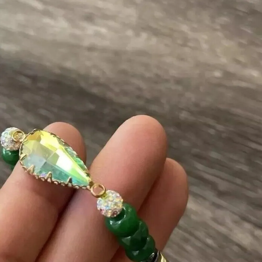 Vintage Erimish Signed Green Jade Beaded Glass Women’s Stretch Bracelet Sz 7 - Image 6