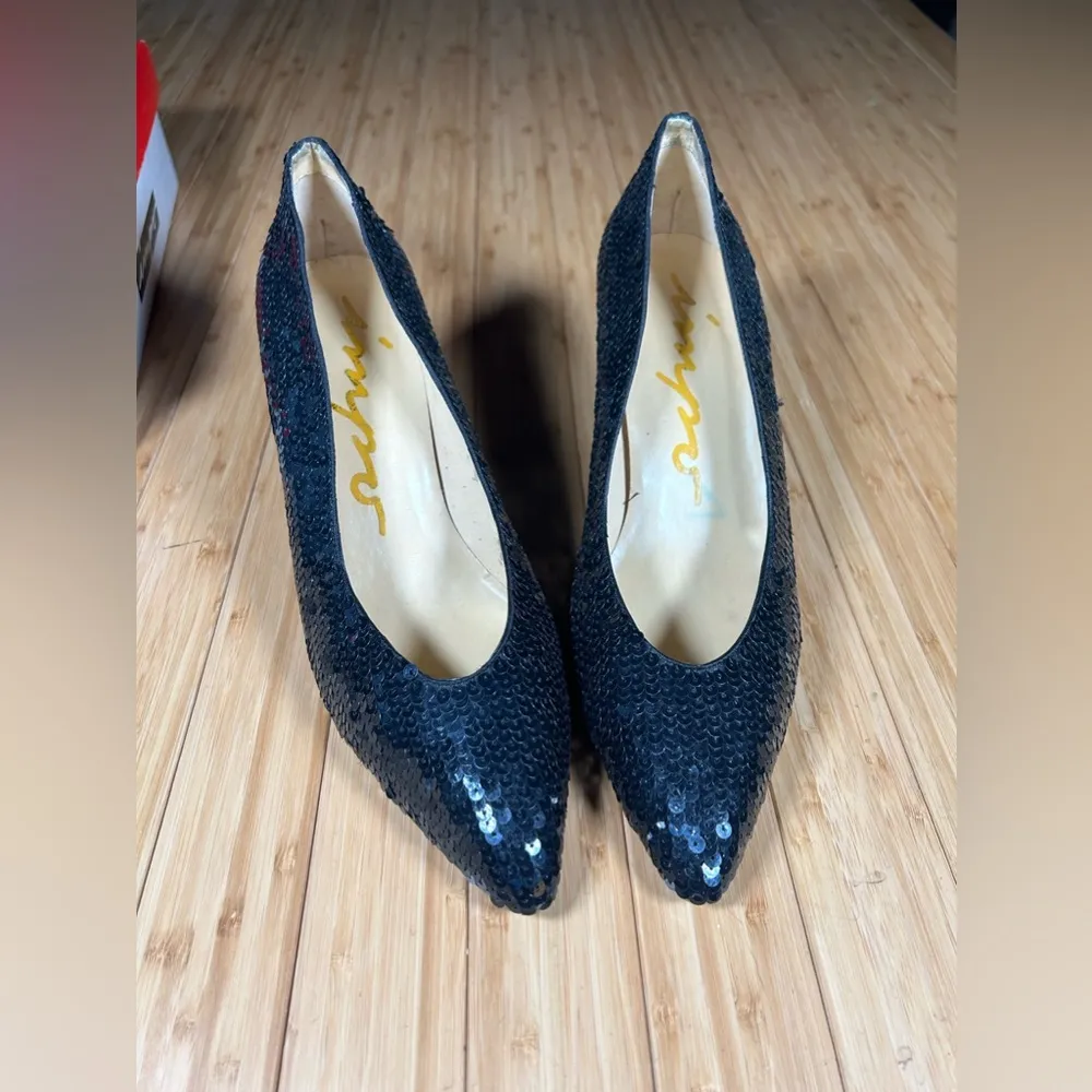 Vintage 90’s Impo Pointed Toe Black Sequin Heels Size 9.5 - Image 2