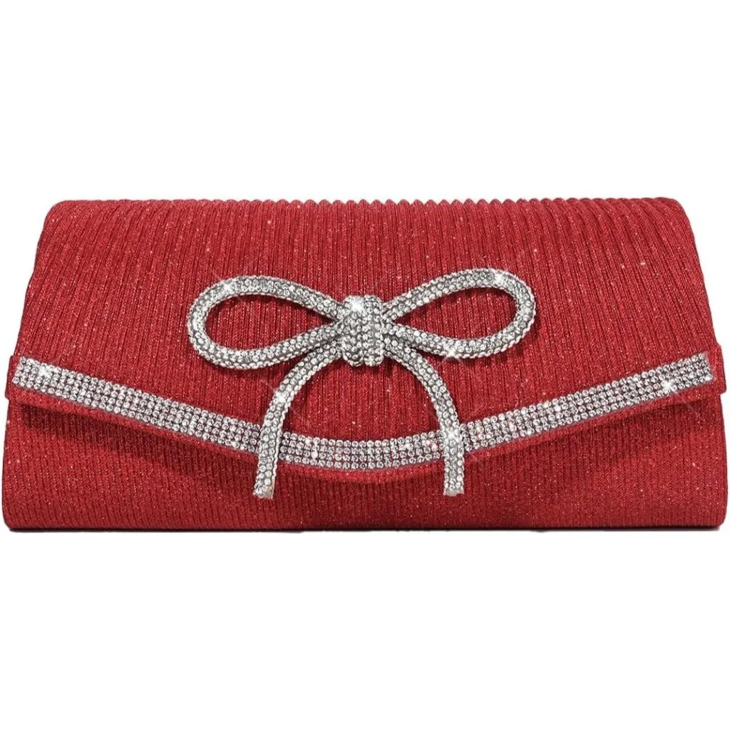 ⚡ Women's Red Bow Sparkly Glitter Evening Rhinestone Party Prom Clutch Bag - Image 4