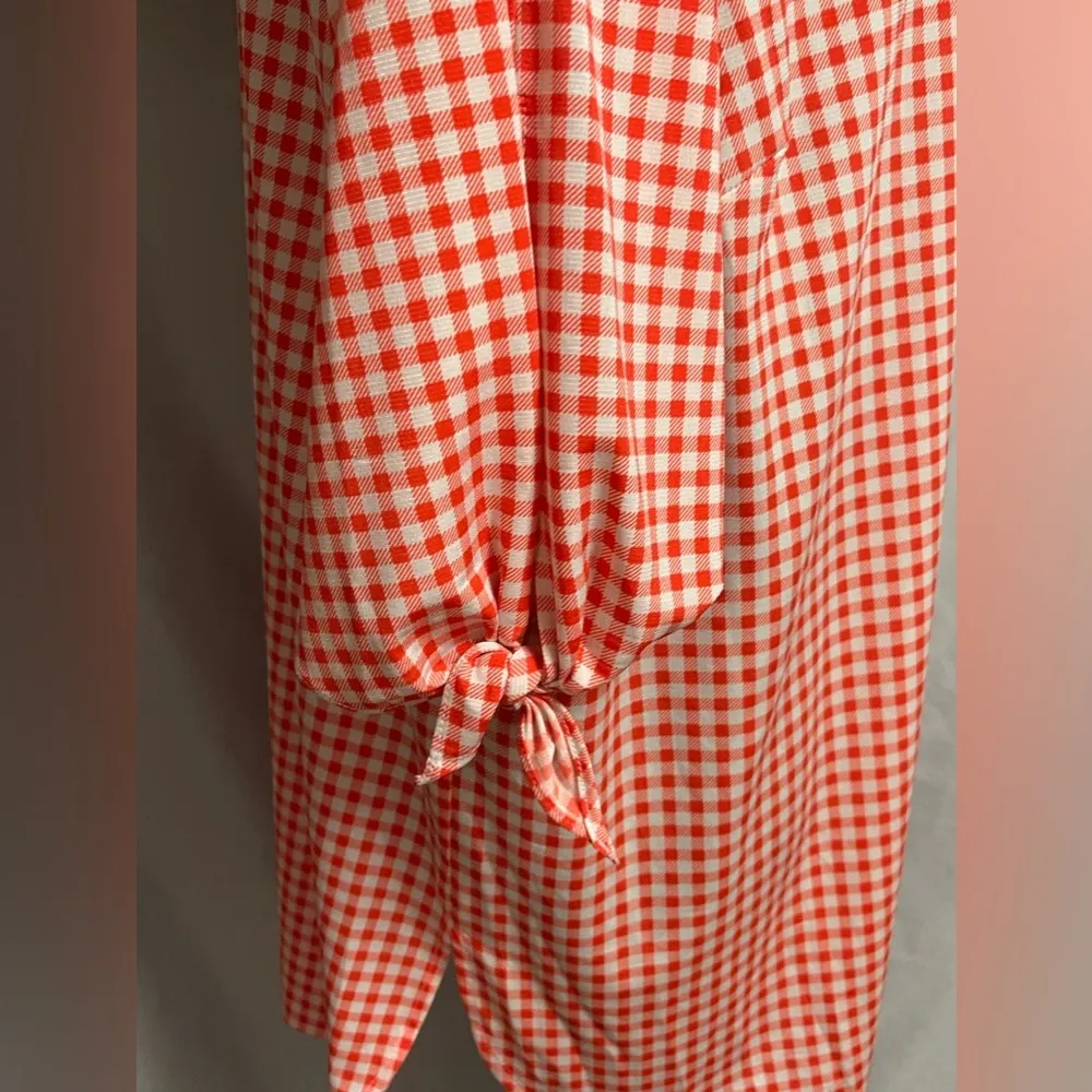 Peter Nygard Women Top 2X Orange White Check Button Front Slit Sleeve Polyester - Image 6