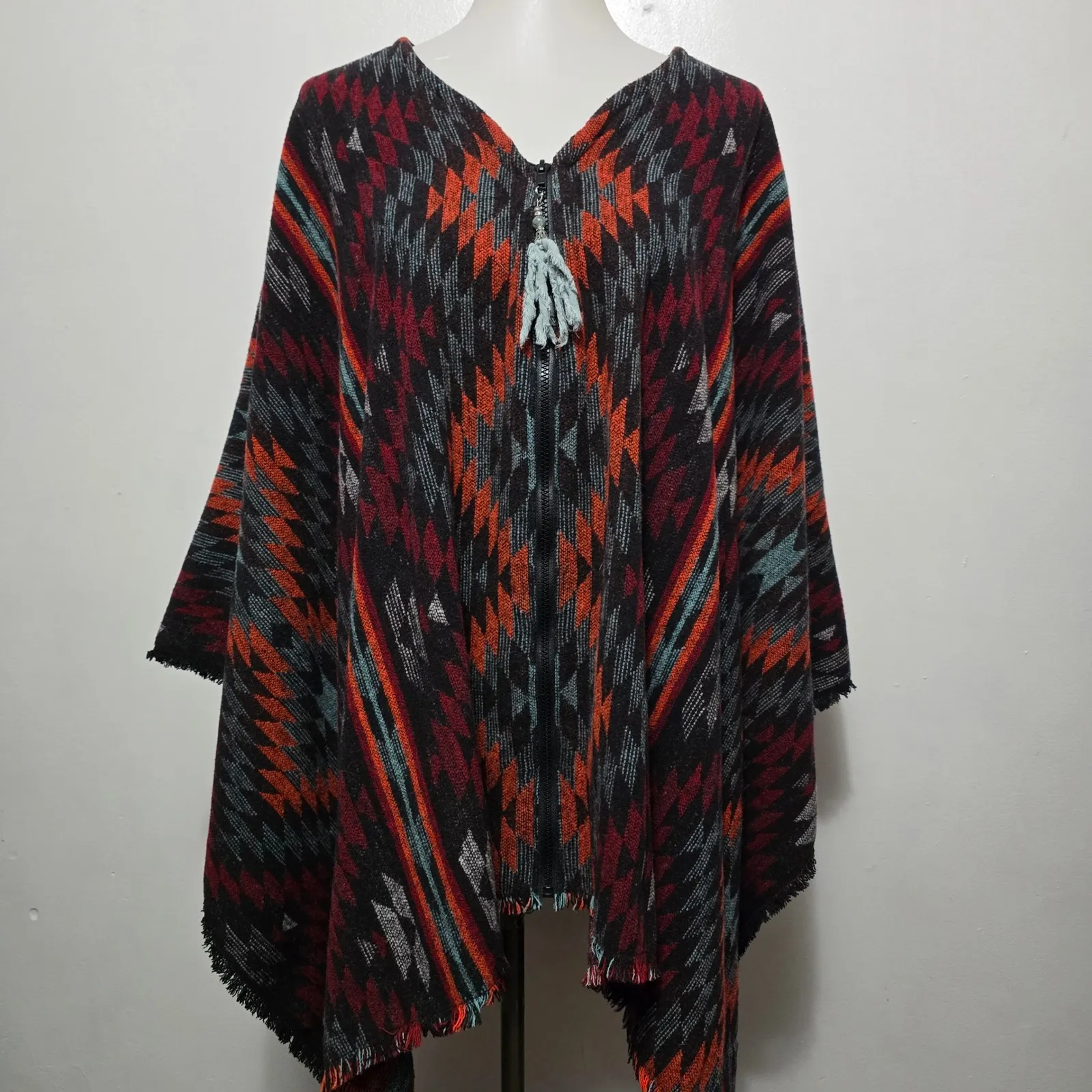 Aztec Geometric Print Fringe Zipper Poncho Cape Sweater Women's One Size Orange Size undefined - Image 2