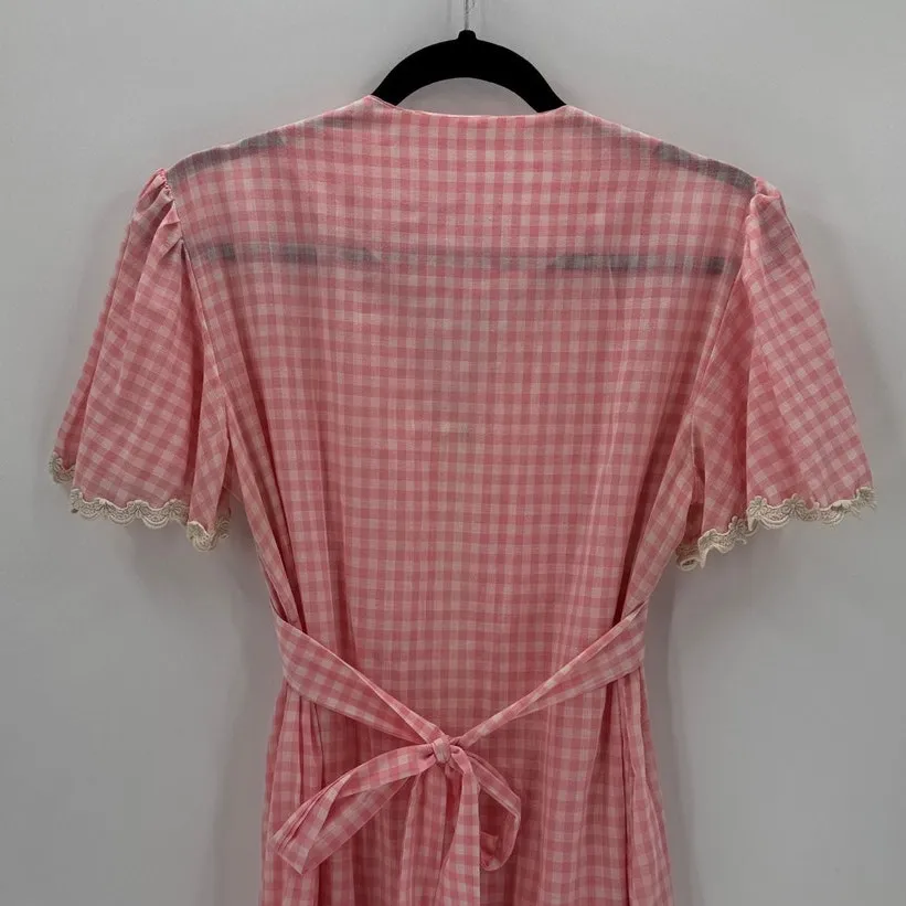 Vintage 70’s Gingham Daisy Lace trim flutter sleeves maxi dress tie back prairie Pink Size L - Image 7