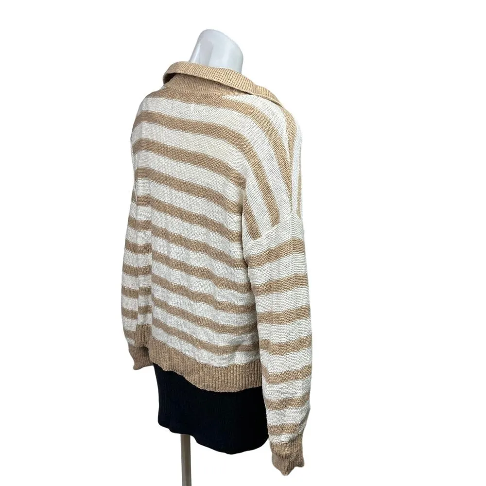 Sonoma Brown Beige Striped Print Cotton Collar Long Sleeve Sweater Top Size M - Image 3