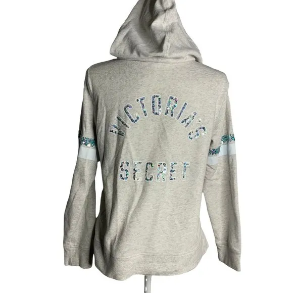 Victoria's Secret Full Zip Hooded Sweatshirt M Grey Sequins Pockets Long Sleeve - Image 2