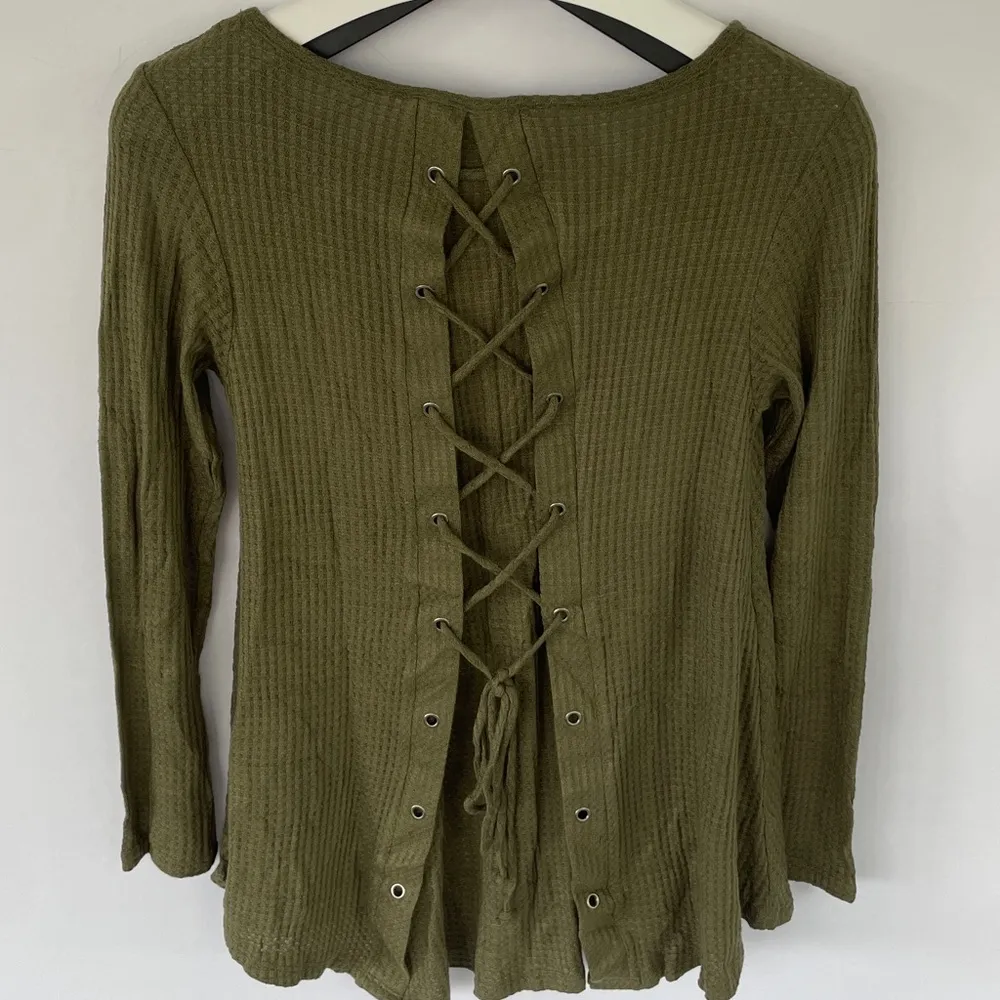 Sage Green Waffle Knit Long Sleeve Lagenlook Top Corset Back Small - Image 8