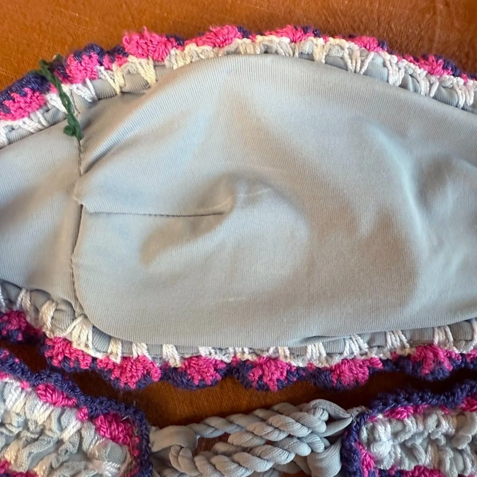 DESPI BR Fancy Crochet Bandeau Bikini Top in Light Blue Purple & Pink size M NWT Size M - Image 9