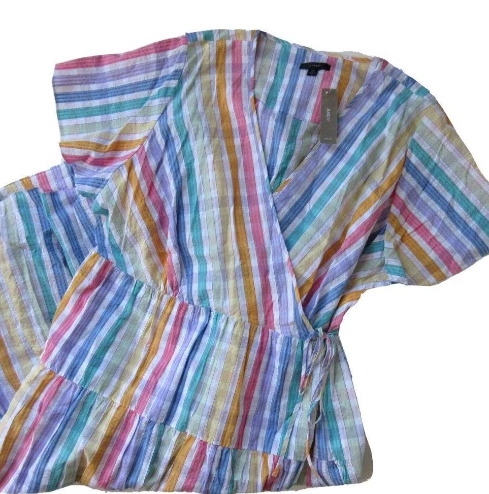 NWT J.Crew Faux-wrap Midi in Rainbow Gingham Striped Tiered Dress 0 - Image 4