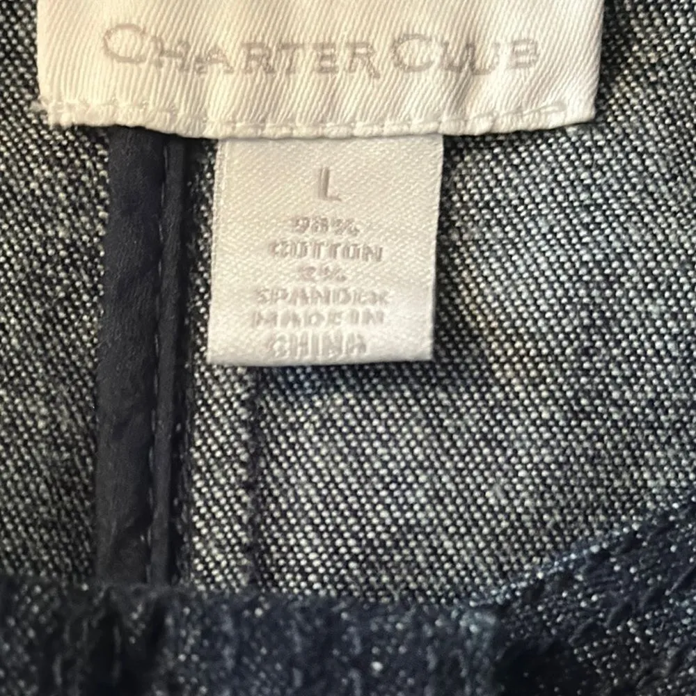 CHARTER CLUB Women’s Dark Blue Denim Collarless Button Down Jacket Size L - Image 6