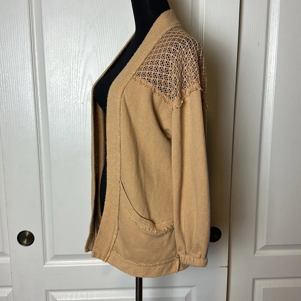 DAYTRIP CARAMEL BROWN LACE INSERT BASIC CARDIGAN BOHO LAYER COVER UP - Image 3