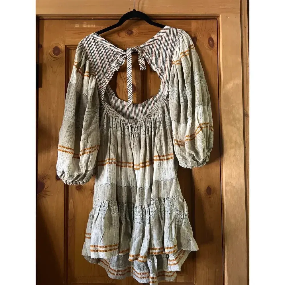 Free People Cotton Blend open tie back mini dress balloon sleeve Boho Western M - Image 10