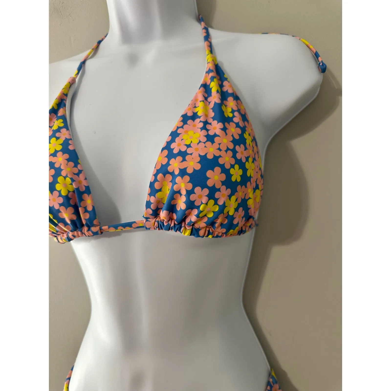 Womens Floral Bikini Blue Pink Yellow Flower Swimsuit Triangle Halter Top Bottom Size M - Image 3