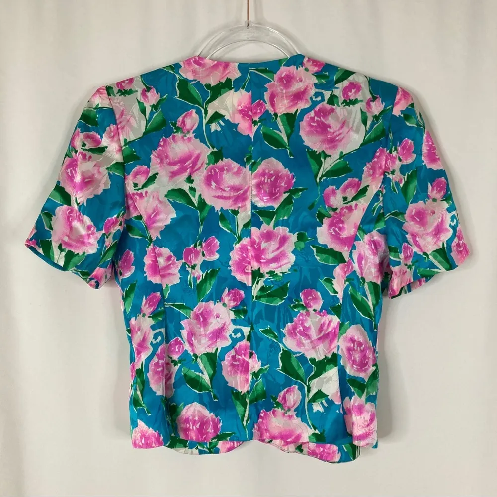 Adrianna Papell | Vintage 100% Silk Teal Floral Button Blouse PETITE - Image 6