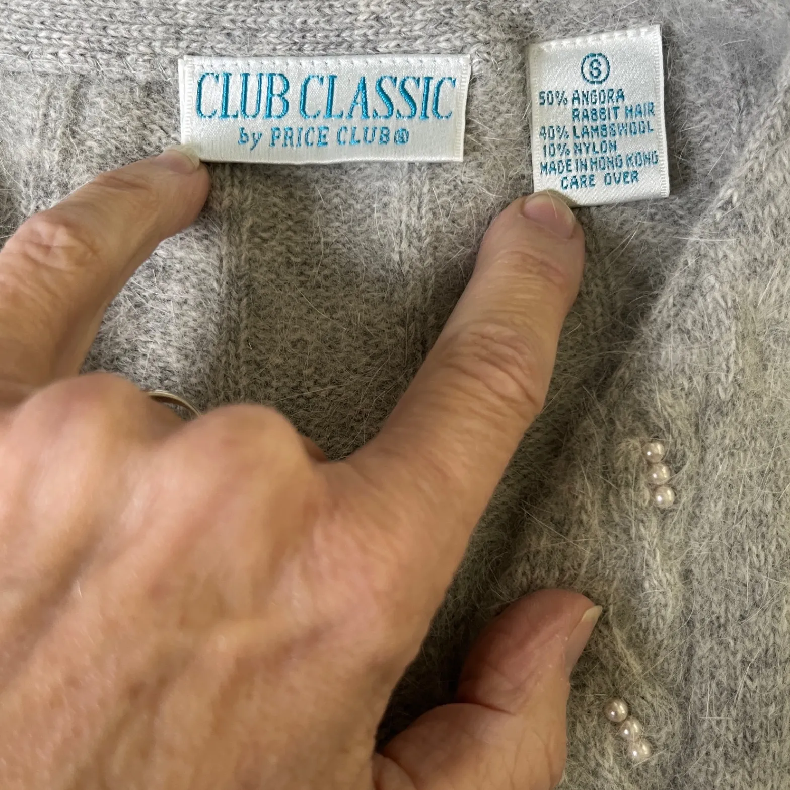 Vintage Angora Lambswool Pearl Beaded Cable Knit Cardigan Gray Hong Kong S - Image 6