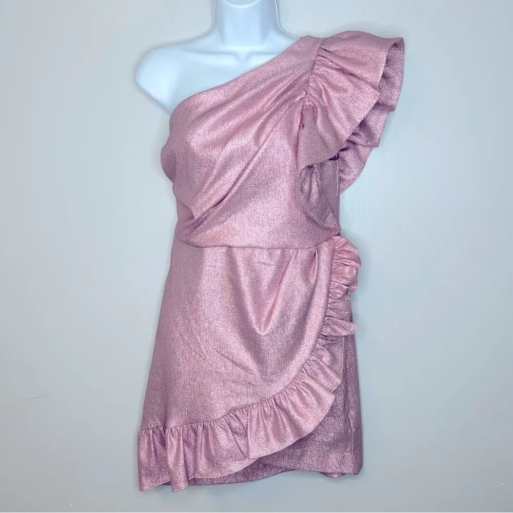 Topshop Pink Metallic One Shoulder Party Dress Size 8 - Image 4