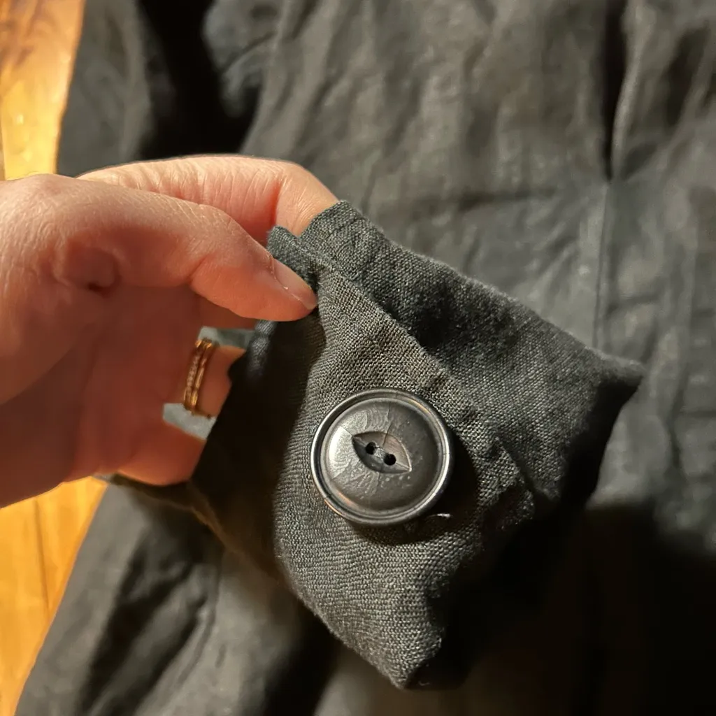 FLAX Linen Button Front Long Sleeve Top Black Lagenlook Boxy 3 button small - Image 3