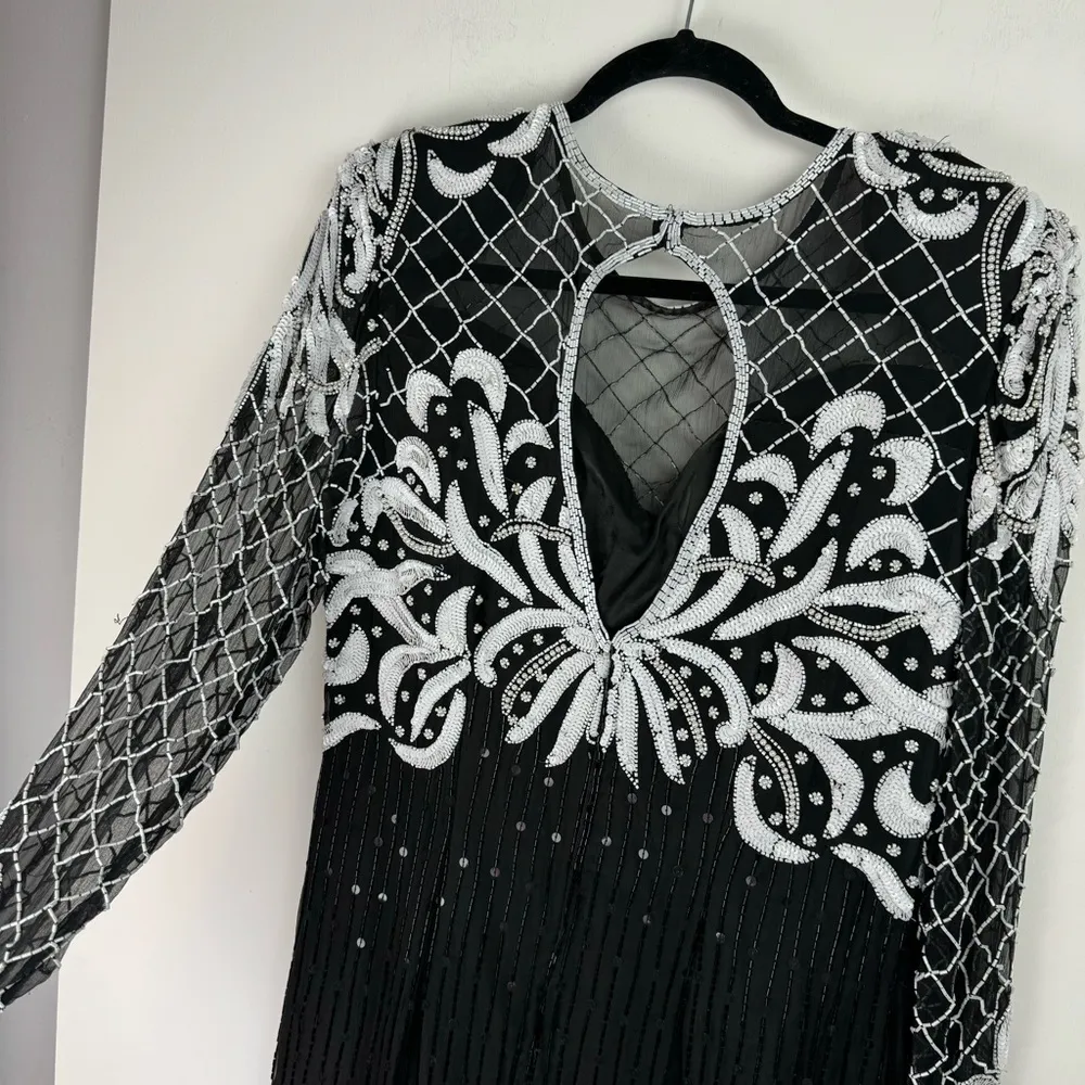 Vtg Lawrence Kazar Silk Beaded Formal Dress Sz XL Black White Sequin Long Sleeve - Image 8