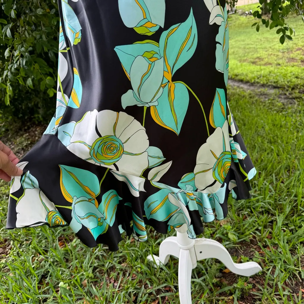 Russell‎ Scott 100% Silk Floral Knee Length Skirt Teal Black Mermaid Size 8 Blue - Image 2