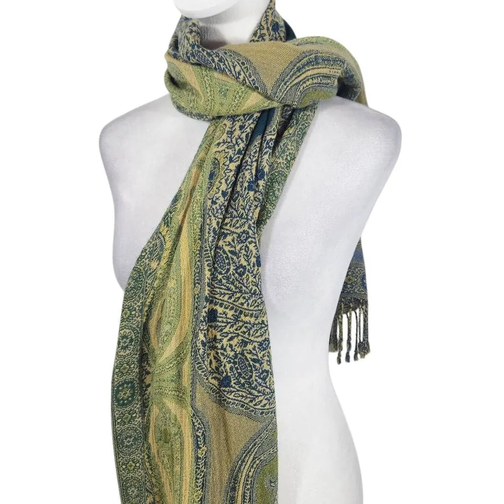 Blue and Green Wrap Scarf with Fringe Beautiful Green Indian Print Scarf - Image 2