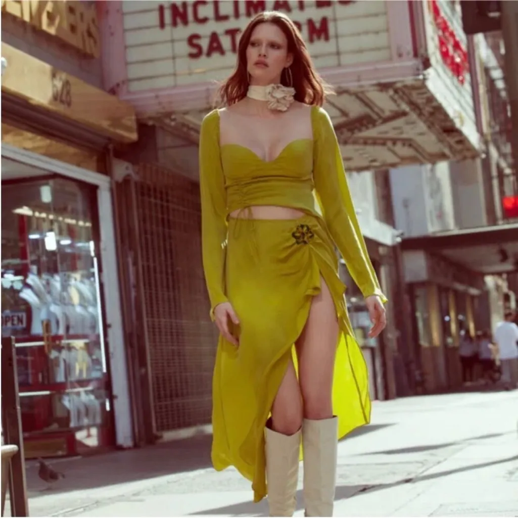 For Love & Lemons Allie Long Sleeve Cutout Ruched Slit Midi Dress Green XS - Image 6