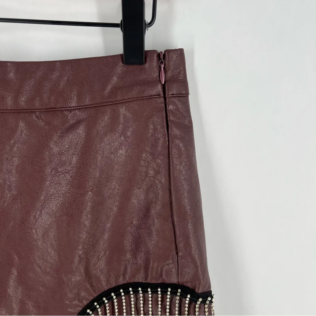 Le Lis Burgundy Faux Leather‎ Rhinestone Fringe High Rise Side Zip Mini Skirt - Image 6