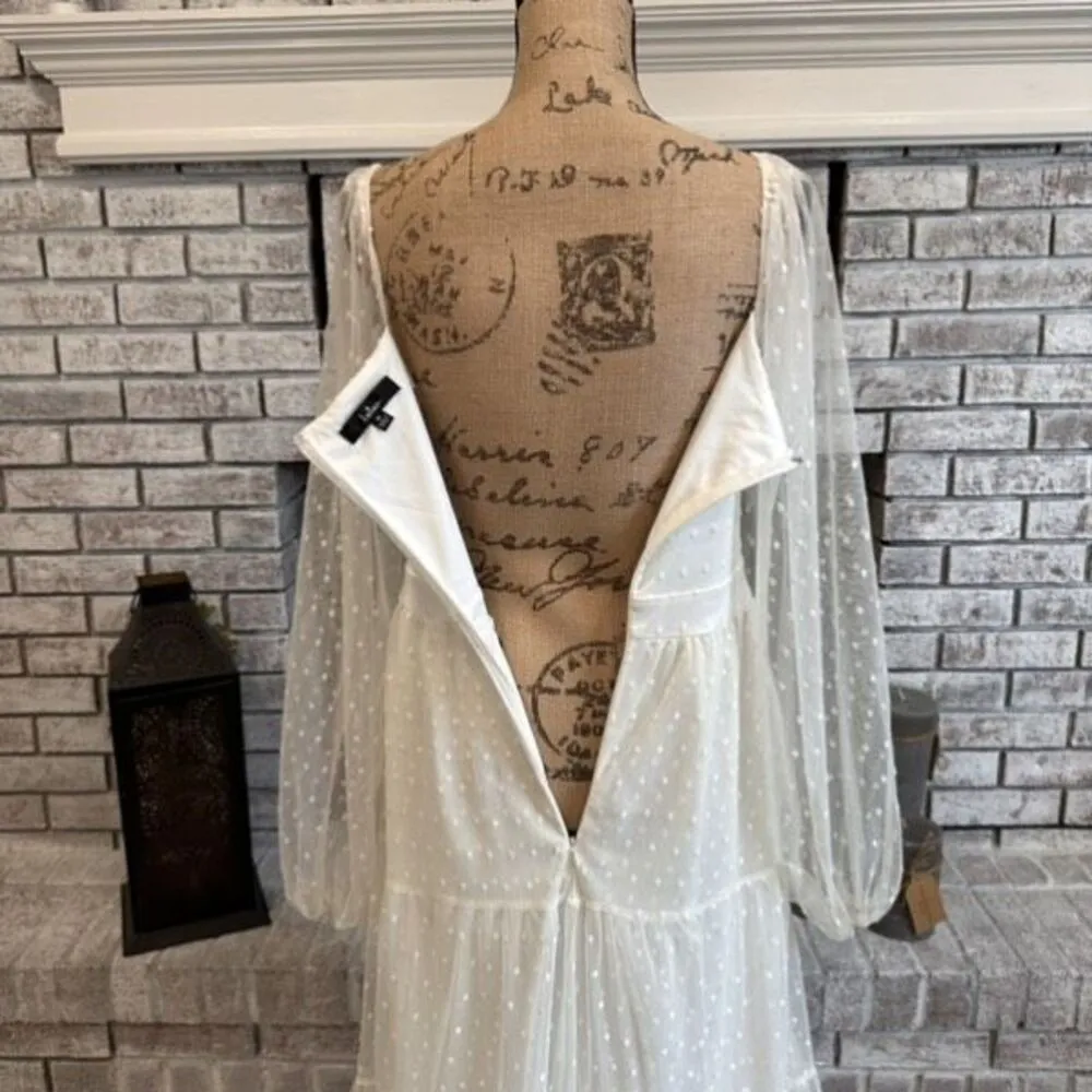 Lulus Affectionate Aura White Swiss‎ Dot Tiered Bustier Midi Dress Medium - Image 9