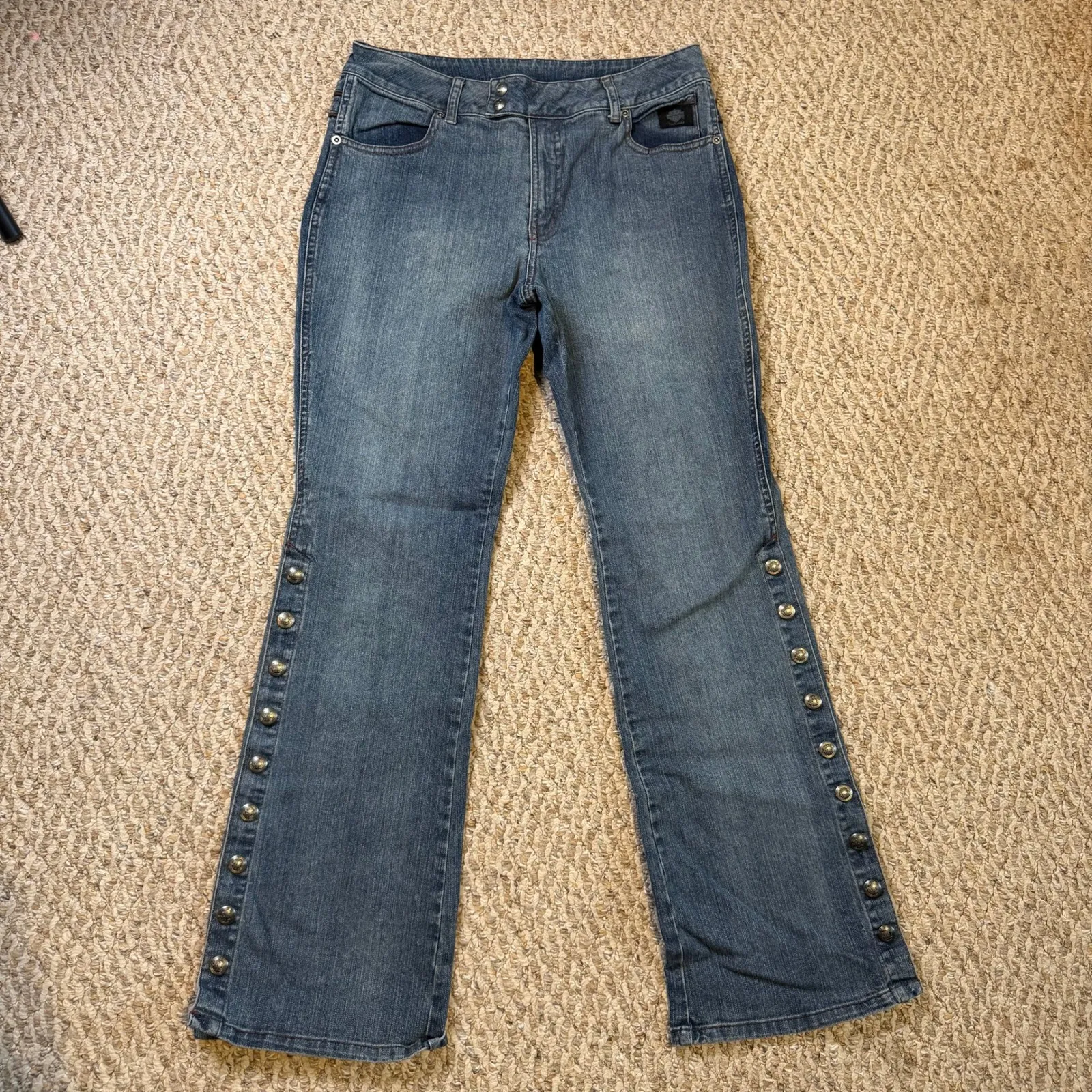 Harley Davidson Women's Denim Bootcut Jeans Side Snap Button Blue Size 8 Grunge - Image 2