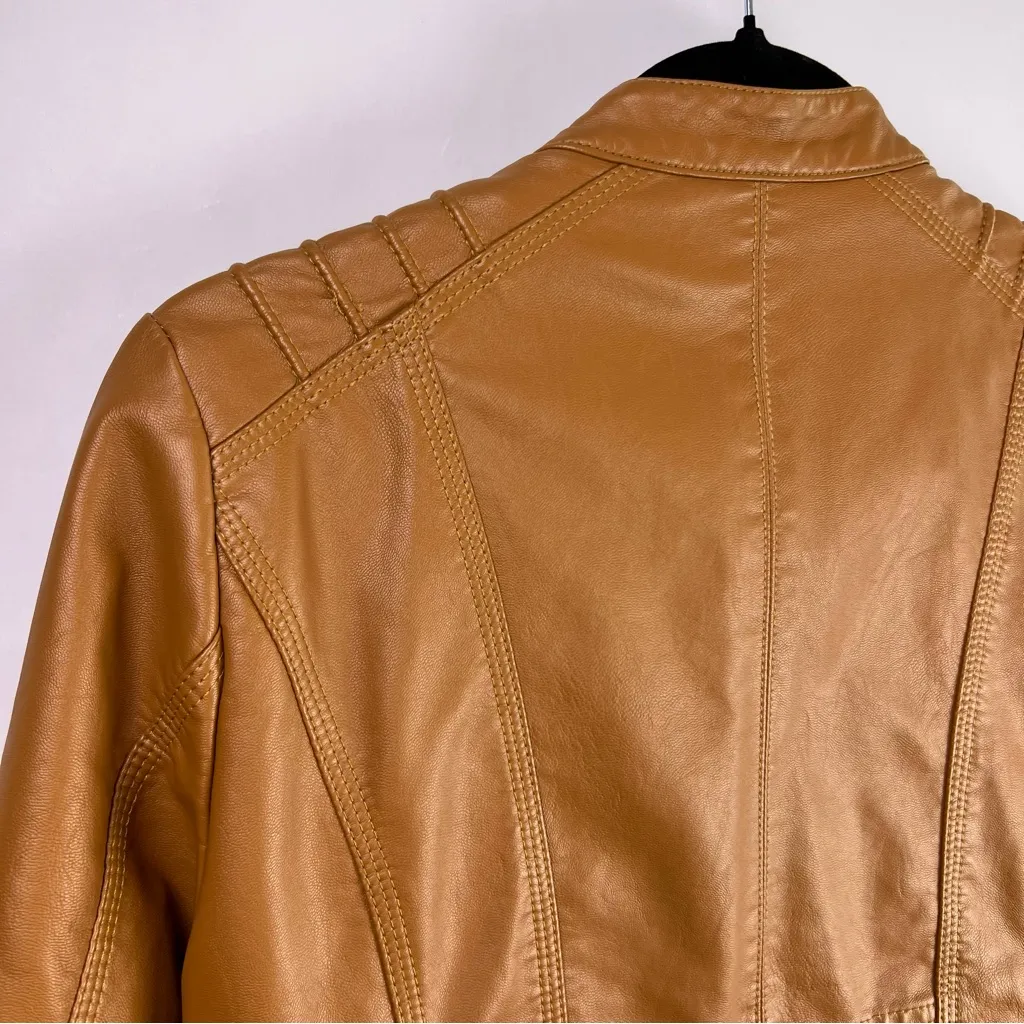 Springrain Camel Faux Leather Moto Jacket, Quilted Zip Pockets, Lined Medium Tan - Image 12