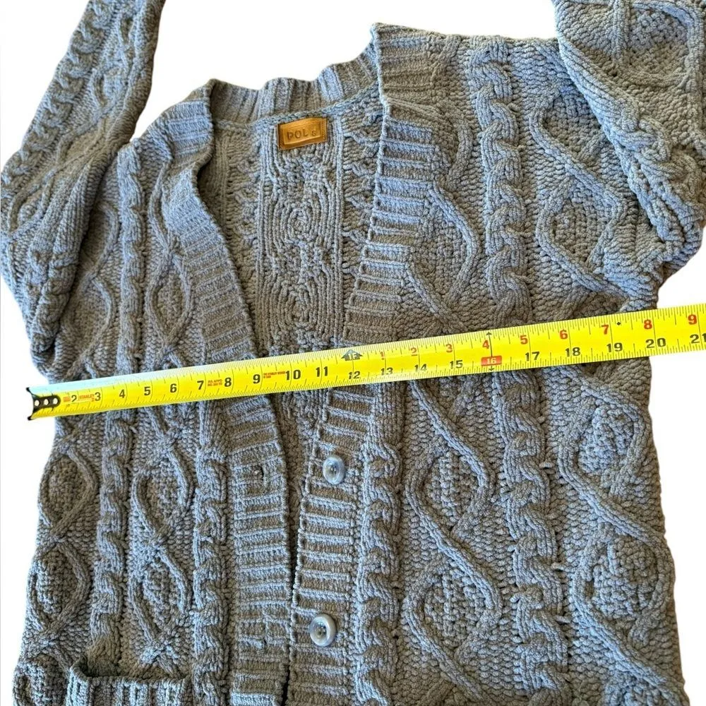 POL Chunky Cable Knit Cardigan Sweater Soft Plush Button Front Womens Small Gray - Image 12
