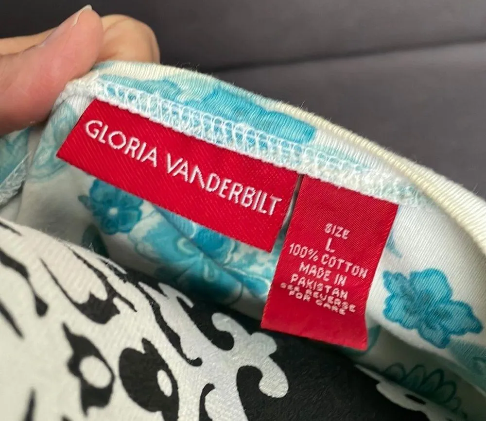 GLORIA VANDERBILT White with Blue/Green Flower Print T-Shirt Size Large - Image 5