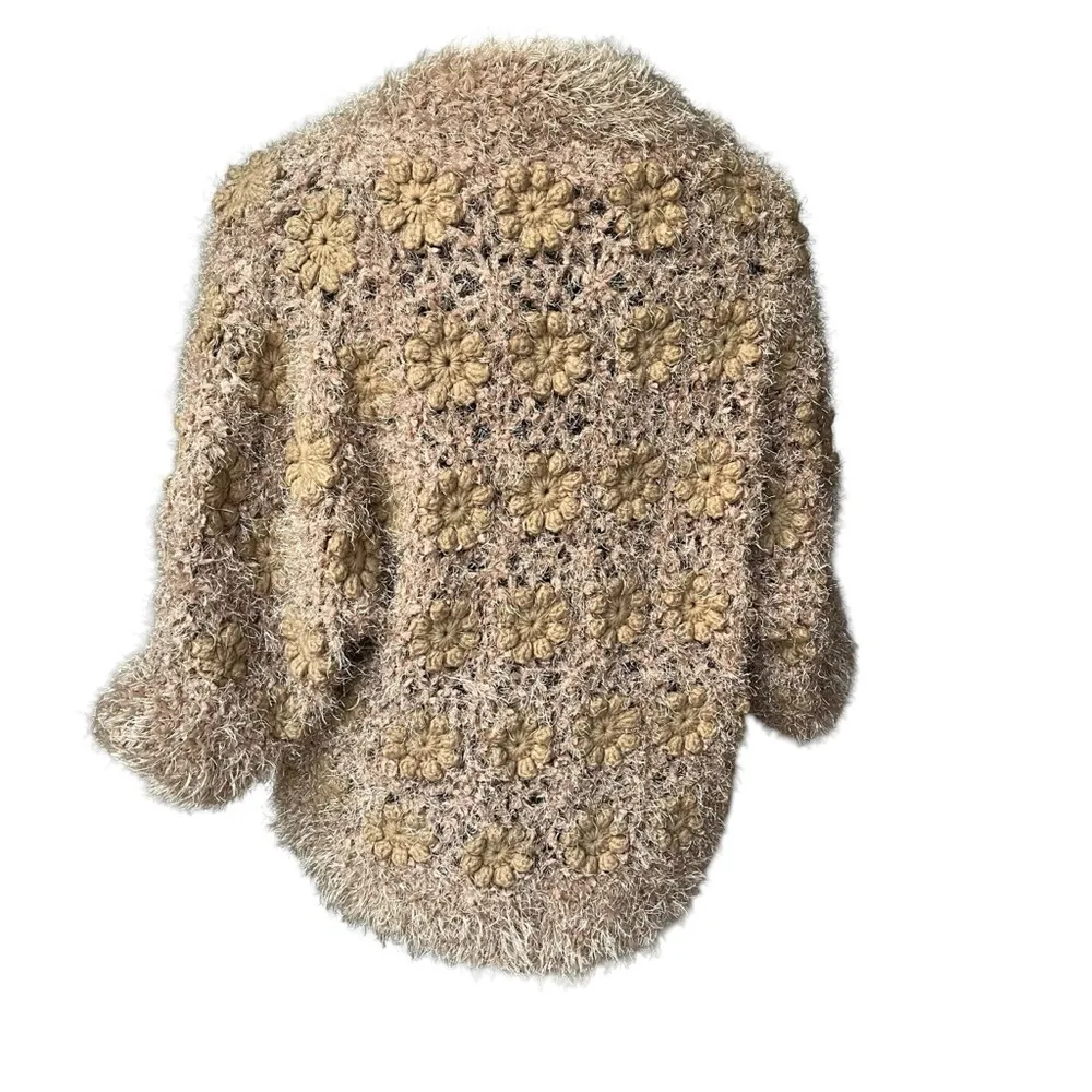 Talk Of The Walk Chunky Knit Crochet Inset Open Front Sweater Cardigan, Sz M Gold Size M - Image 6