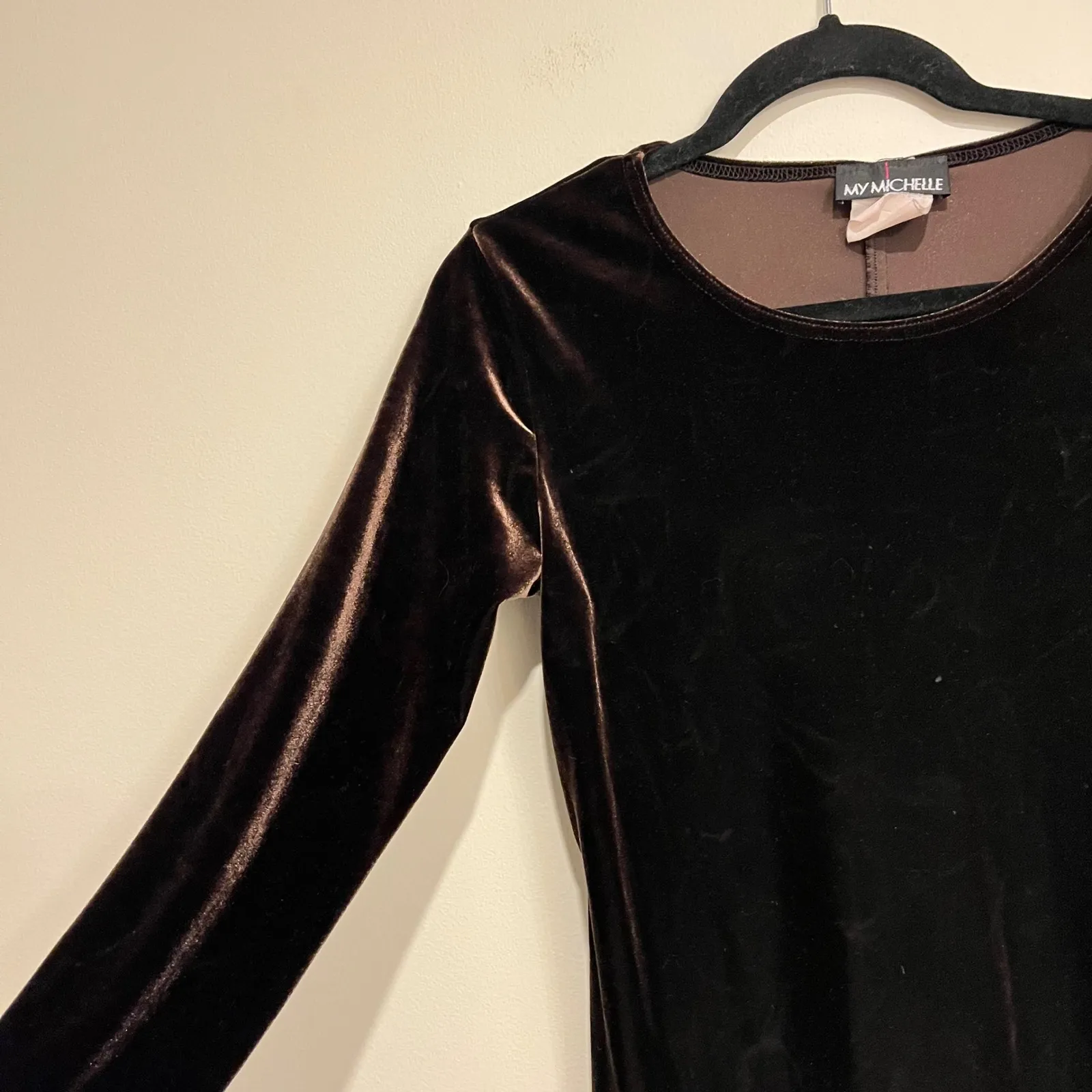 VTG Y2K Velvet Dress Long Sleeve Mini Brown My Michelle Small Goblincore Fairy - Image 3
