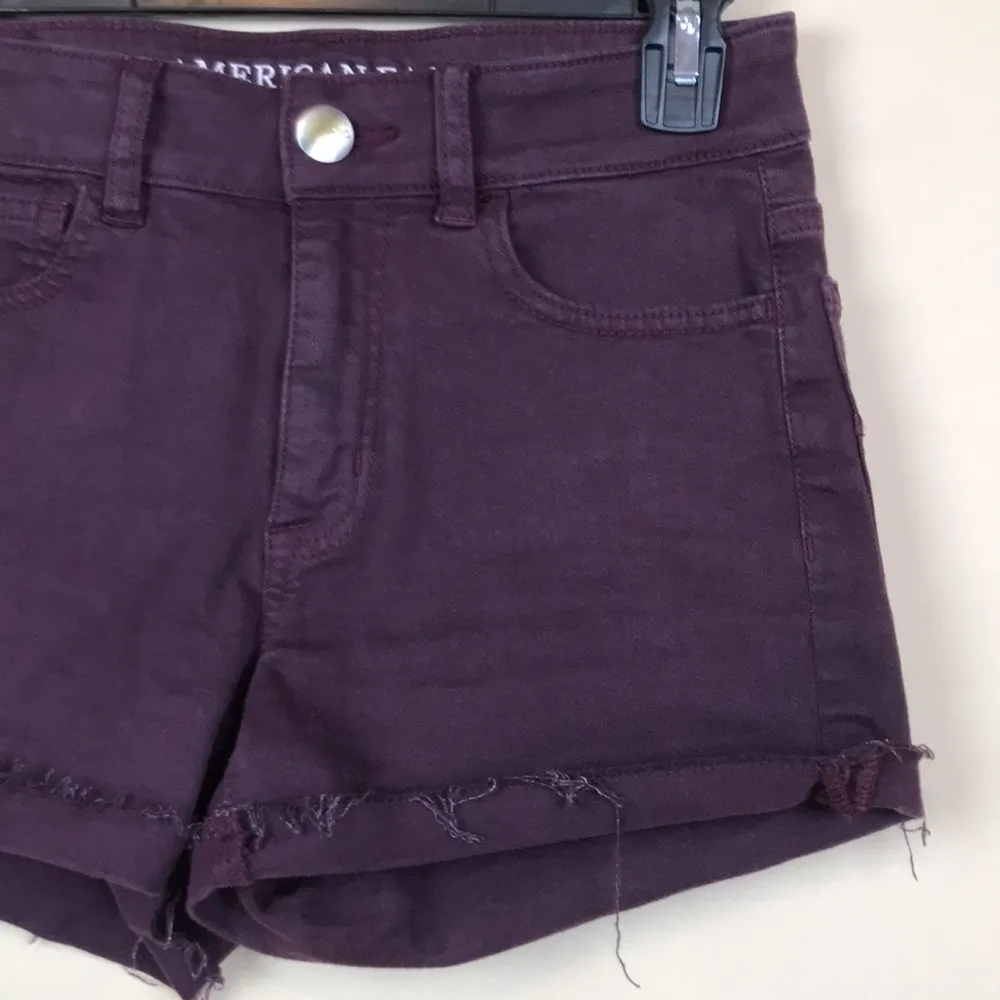 American Eagle Women’s Hi-Rise Shortie Burgundy Purple Rolled Hem Denim Shorts - Image 3