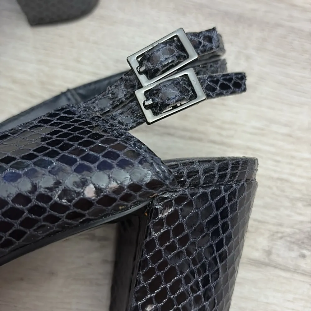 Blue Snakeskin Print Double Buckle Sling Back 3" Block Heels Size 7.5M - Image 9