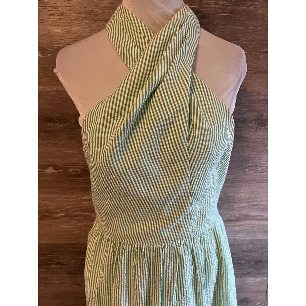 J. Crew Sz 6 Seersucker Stripped Green Open Tie Back Tank Maxi Dress Preppy - Image 7