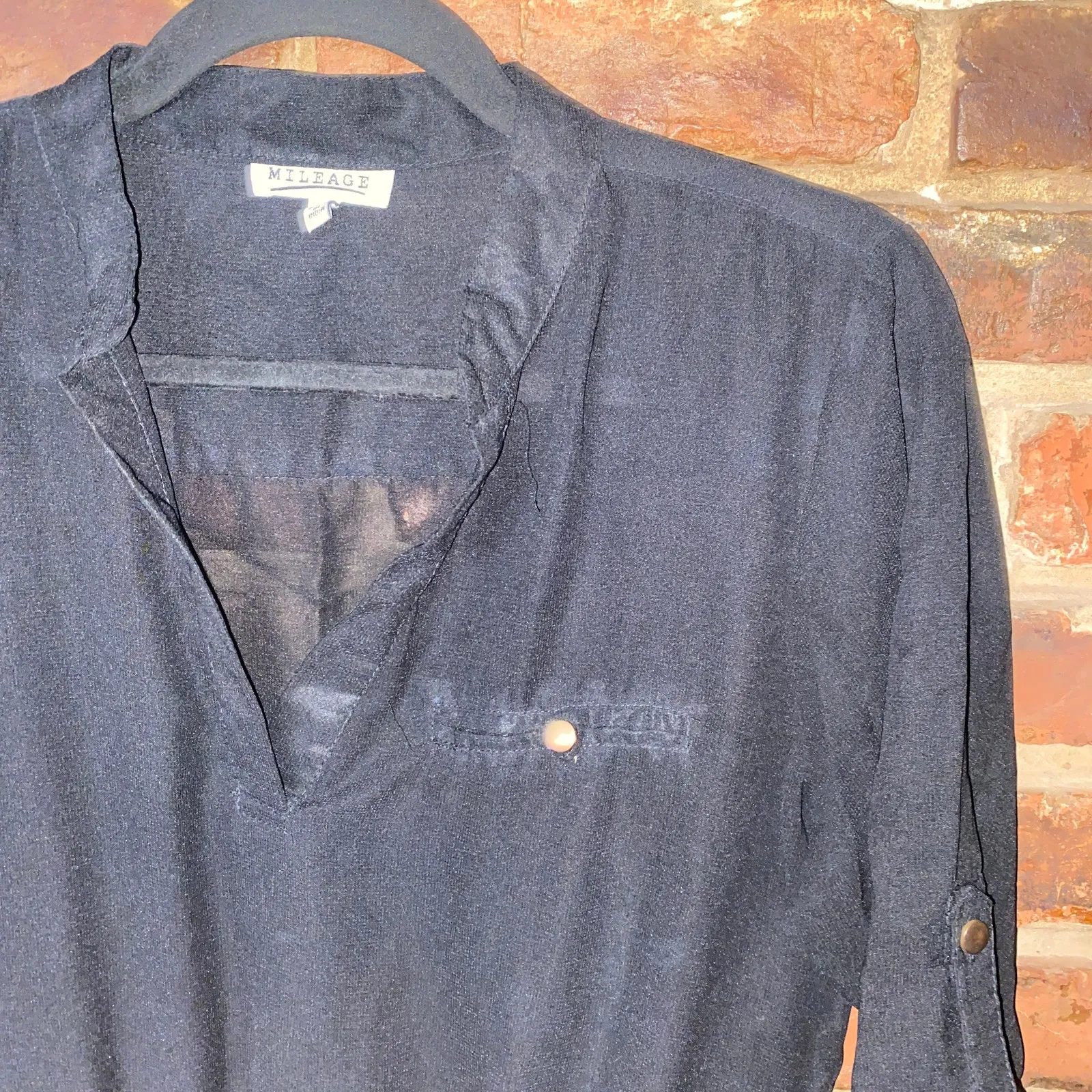 Mileage Black Sheer 3/4 Roll Tab Sleeve Cinched Tie Waist Blouse Women's Large - Image 2