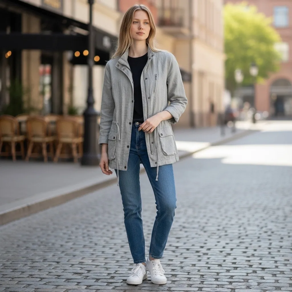 Artisan NY Utility Jacket Small Gray Linen Zip Snap Cargo Pocket Coat Adjustable - Image 4