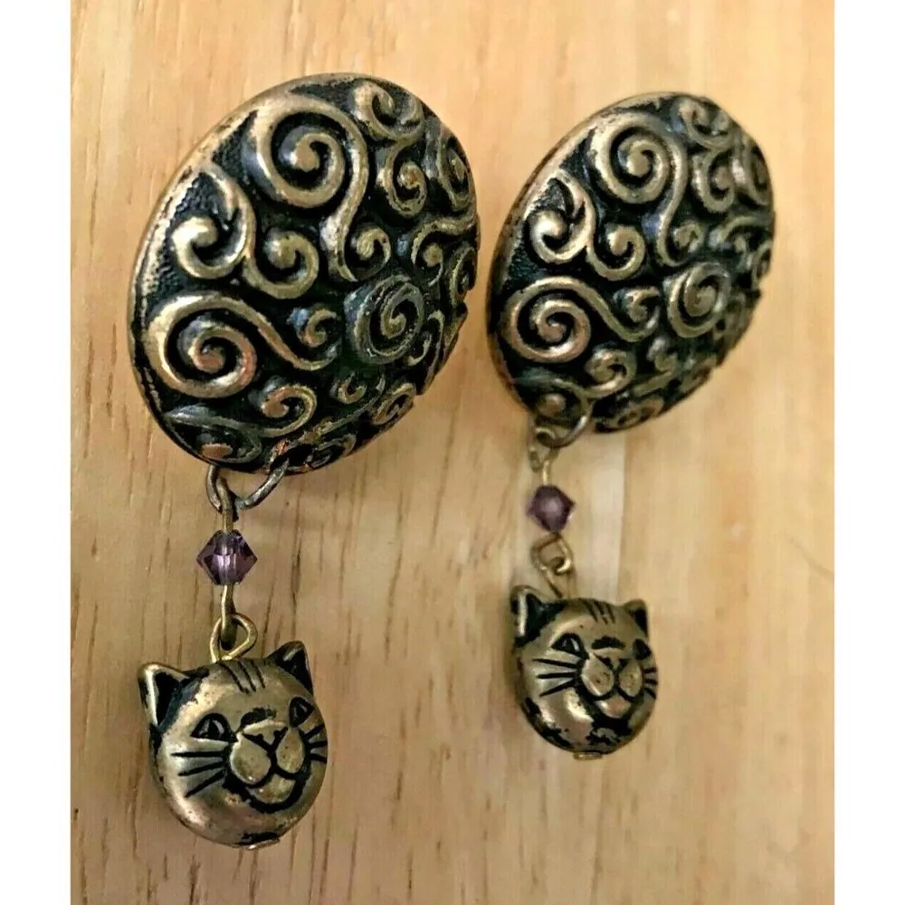 Cat Earrings Handmade Vintage One of Kind New Purple Crystals Kitty Lov… - Image 6