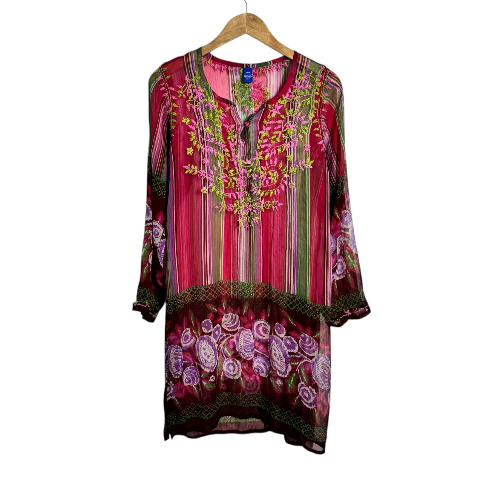 Raj Silk Boho Colorful Sheer Coverup Tunic Dress Women L Pink Green Floral Vacay Size L - Image 2