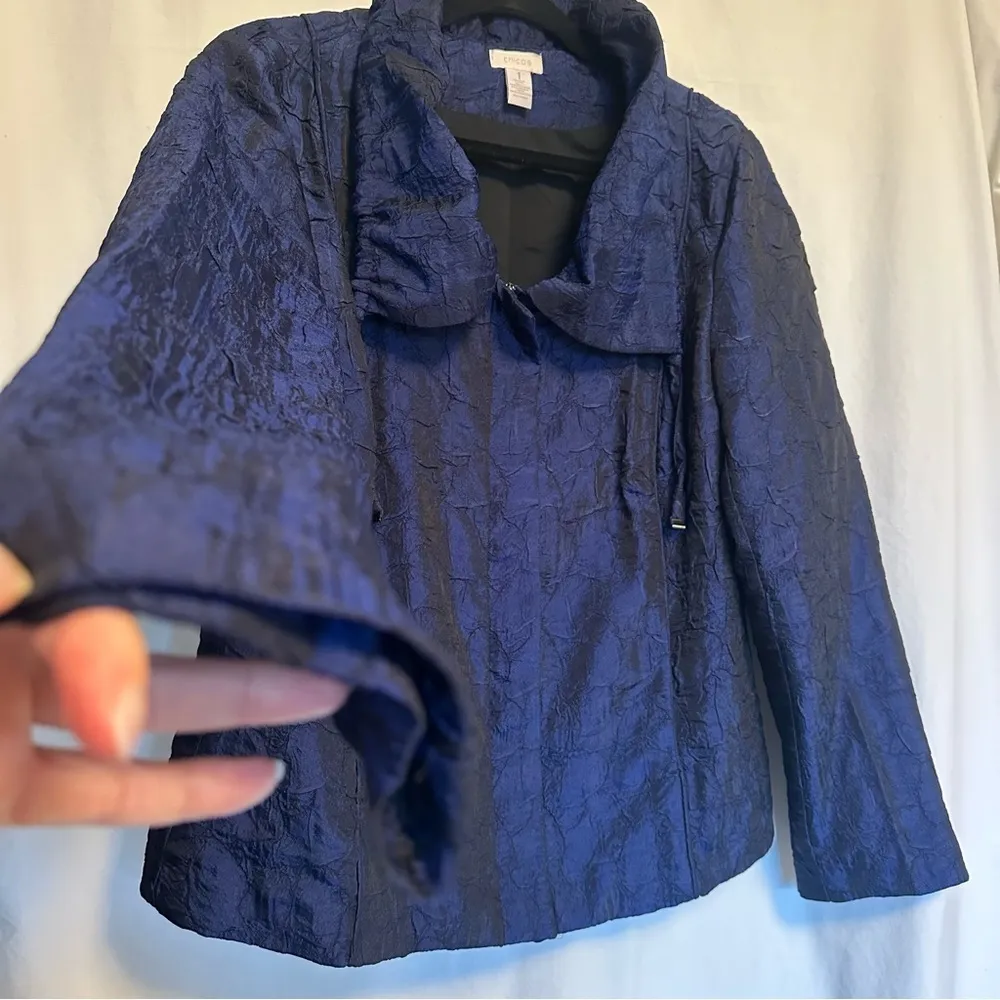 Vintage Chico’s Silky Feel Jacket Asian Style Jacket Metallic Blue Zip Up Sz 1 M - Image 5