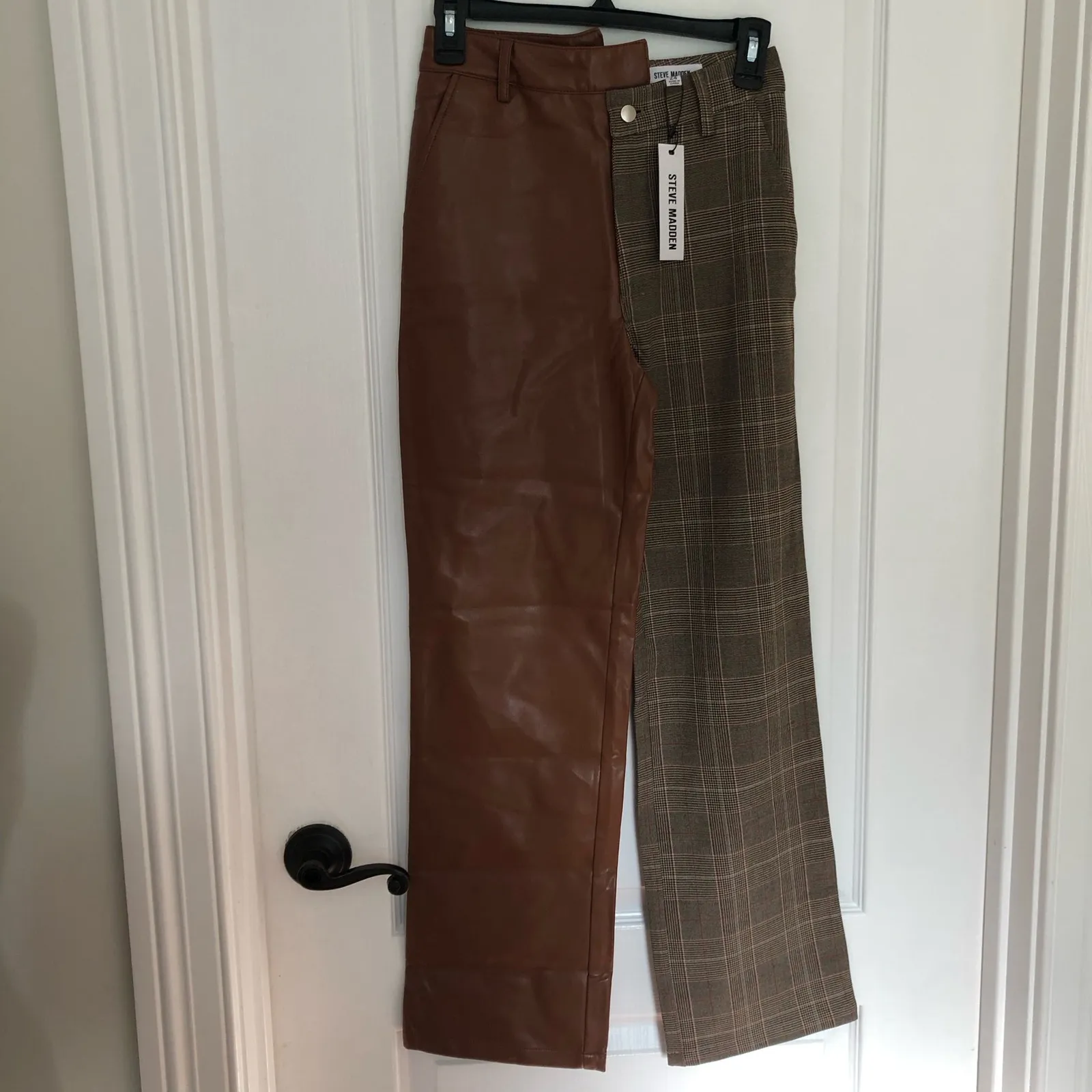 Steve Madden‎ Women’s Dual Tone Pants Straight Leg Plaid One Side Brown Size 24 - Image 5