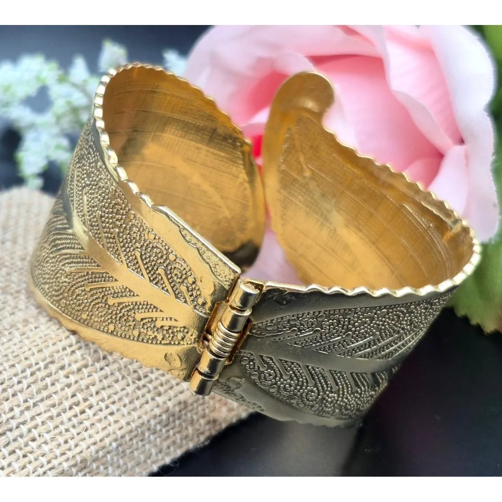 None Gold Tone Etched Leaf Hinged Bangle Bracelet Boho Statement One Size Clamper - Image 2